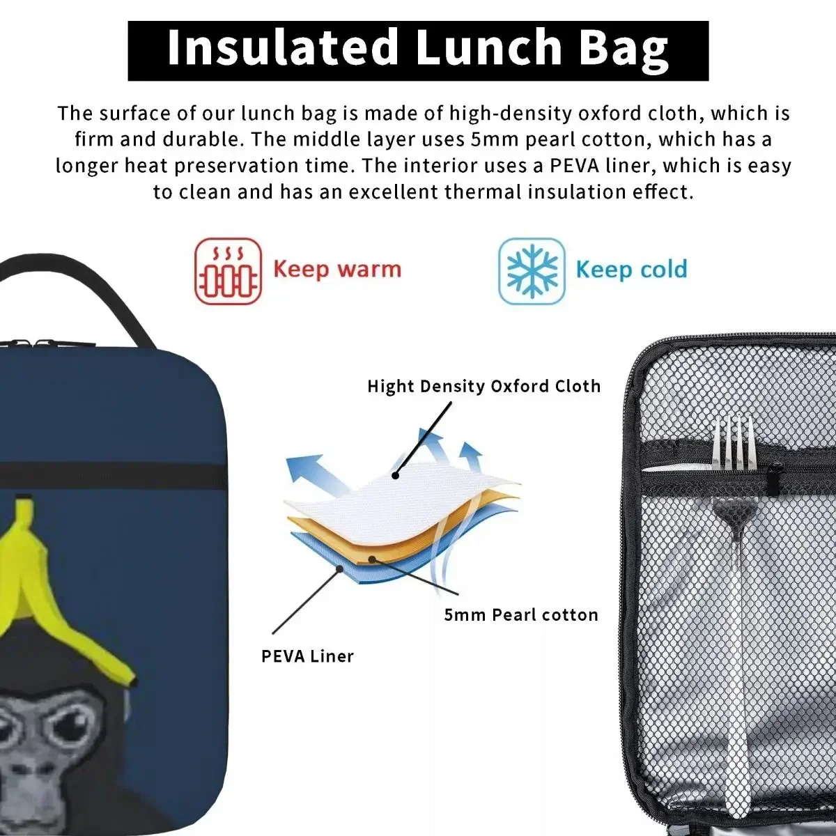 Gorilla Tag Monkey with Banana Lunch Bags Insulated Lunch Tote Portable Bento Box Leakproof Picnic Bags for Woman Work Kids