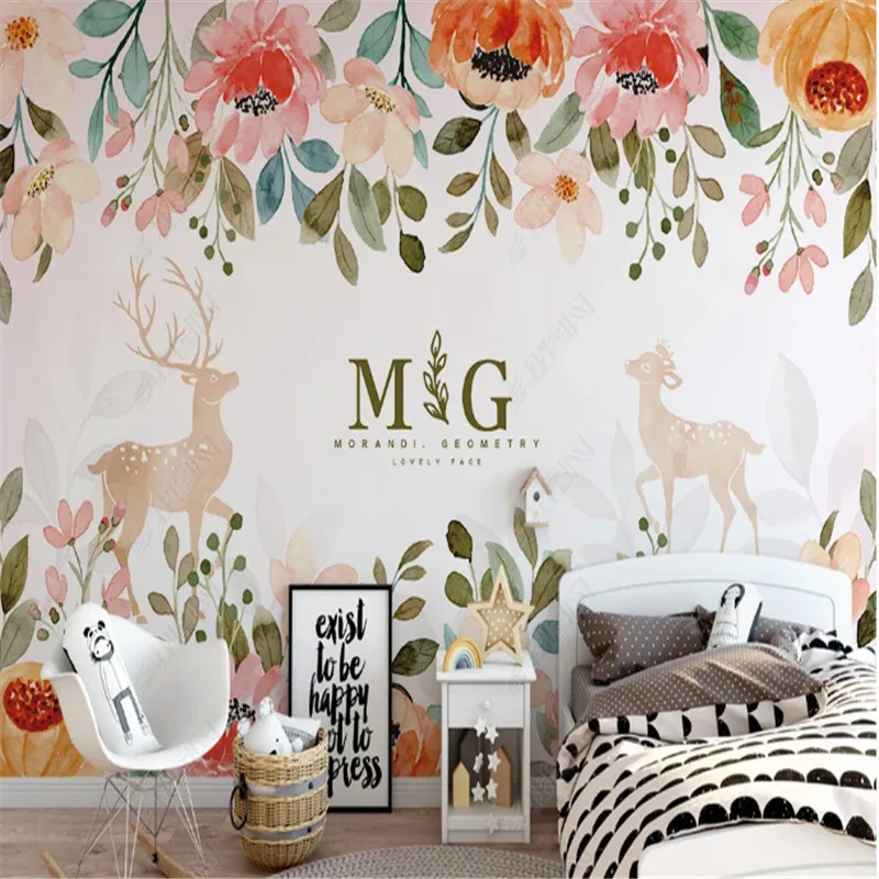 Modern Orange Flower Wallpaper for Kid's Room Elk Tropical Plant Children's Room Background Wall Papers Home Decor 3d Murals