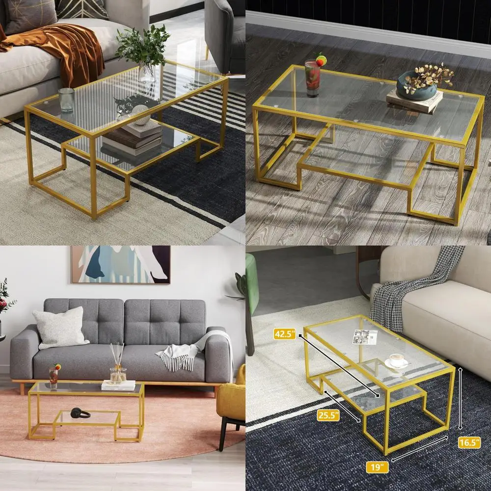 

Rectangular Glass Coffee Table - 2-Tier Metal Frame Center Table for Small Spaces, Ideal for Apartments and Offices
