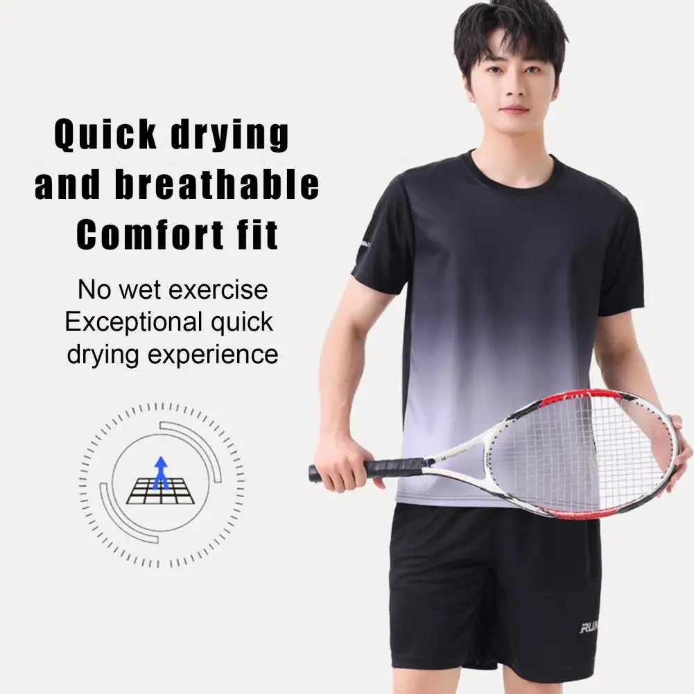 Men Sports Suit Men's Casual Sport Outfit Set with O-neck Short Sleeve Tops Elastic Waistband Wide Leg Shorts Quick-drying Ice