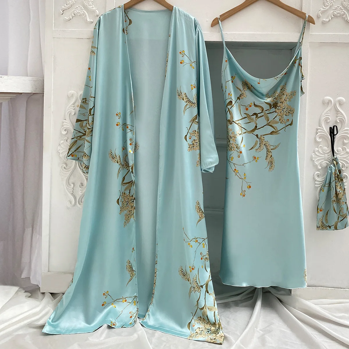 Damski szlafrok Kimono z nadrukiem, 2 sztuki, na noc, bielizna, satynowy, dekolt w szpic, bielizna nocna, koszula nocna, komplet