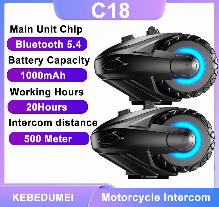 C18 Bluetooth 5.4 Motorcycle Helmet Intercom Headset Wireless Interphone 500M Intercomunicador Moto Waterproof Headphone