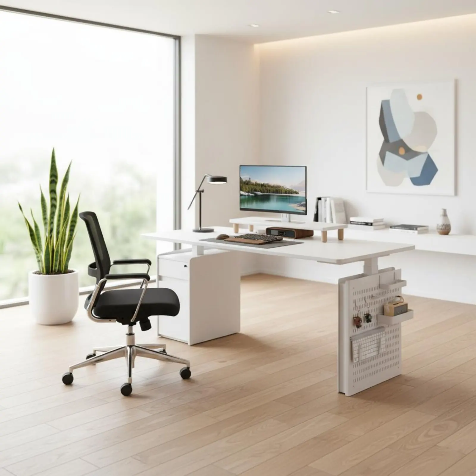 Natural Wood Sit Stand Desk Memory Presets Electric Standing Desk Height Adjustable Workstation Smart Light Panel Control Panel