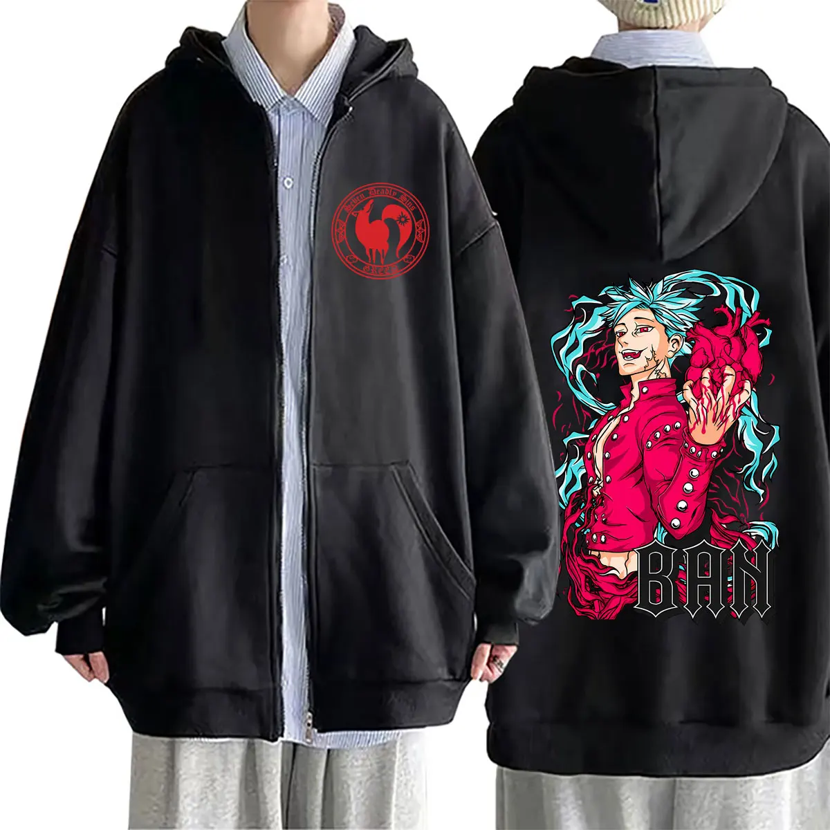 Sweat à capuche zippé Anime The Seven Deadly Sins, motif « Le Pêché de la Greu de Fox », veste zippée pour homme et femme, style manga, streetwear oversize