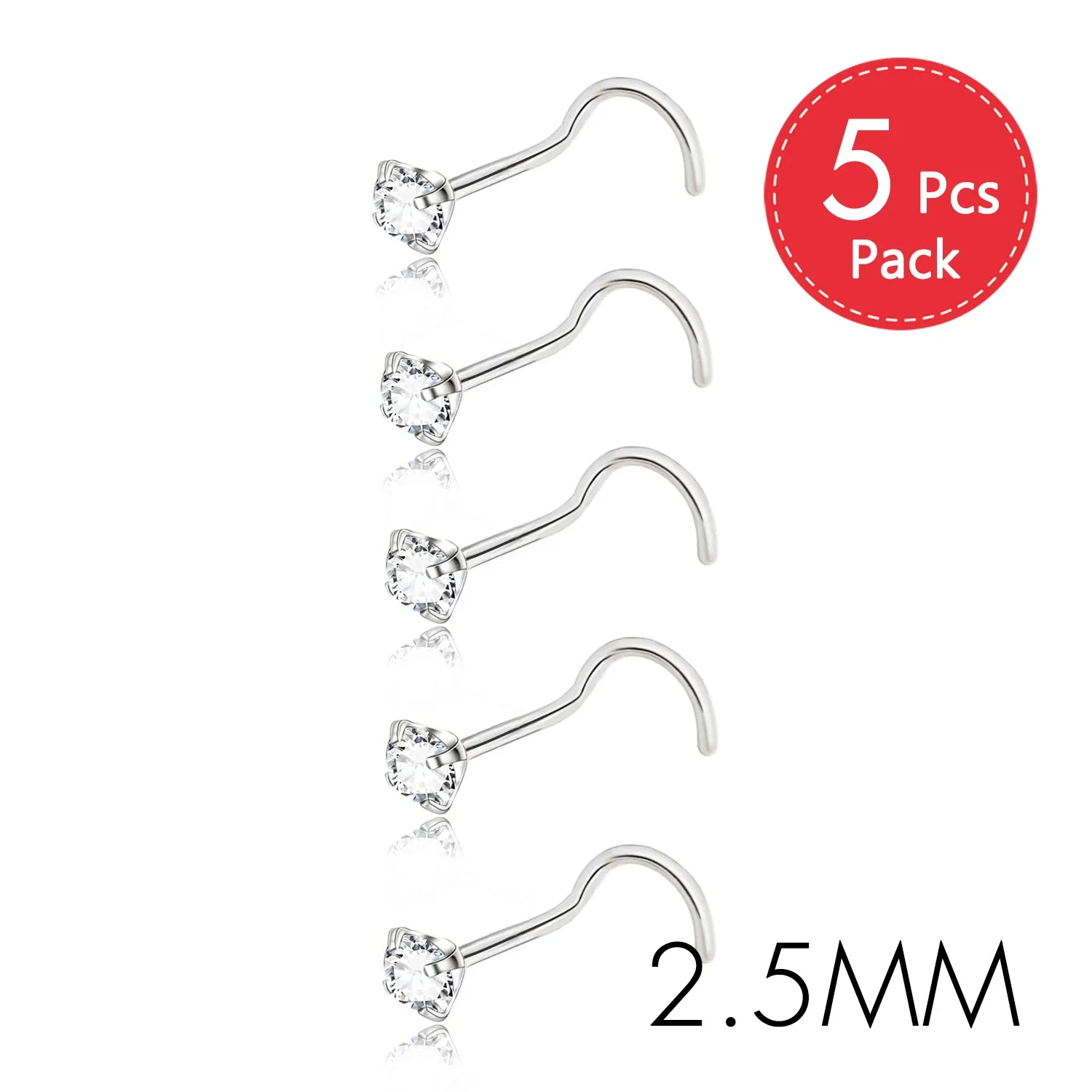 CZ Gem Stainless Steel Nose Piercing Studs, 5Pcs Set