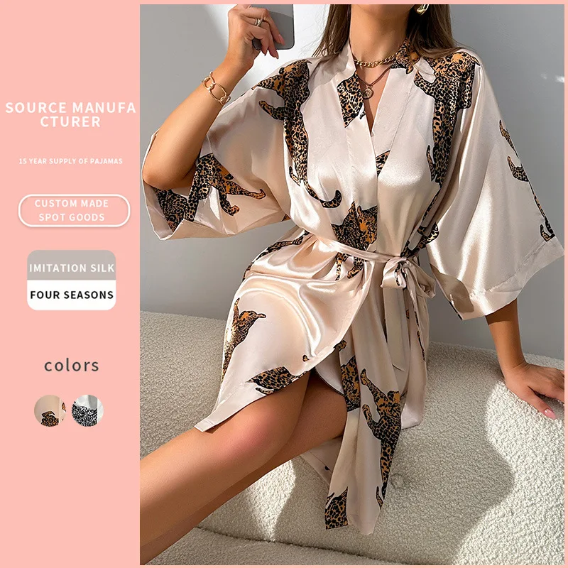 

Cross Border Sexy Casual Loungewear Minimalist Fashion Cardigan Tie Bathrobe Women's Silk Like Robe Pajamas Soft Breathable