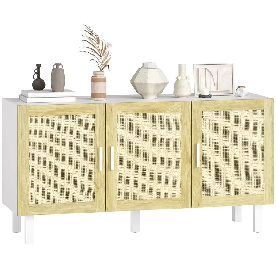 

Boho Sideboard Buffet Cabinet, Coffee Bar Cabinet with 3 Rattan Doors and Adjustable Shelves for Kitchen, Living Room, White an