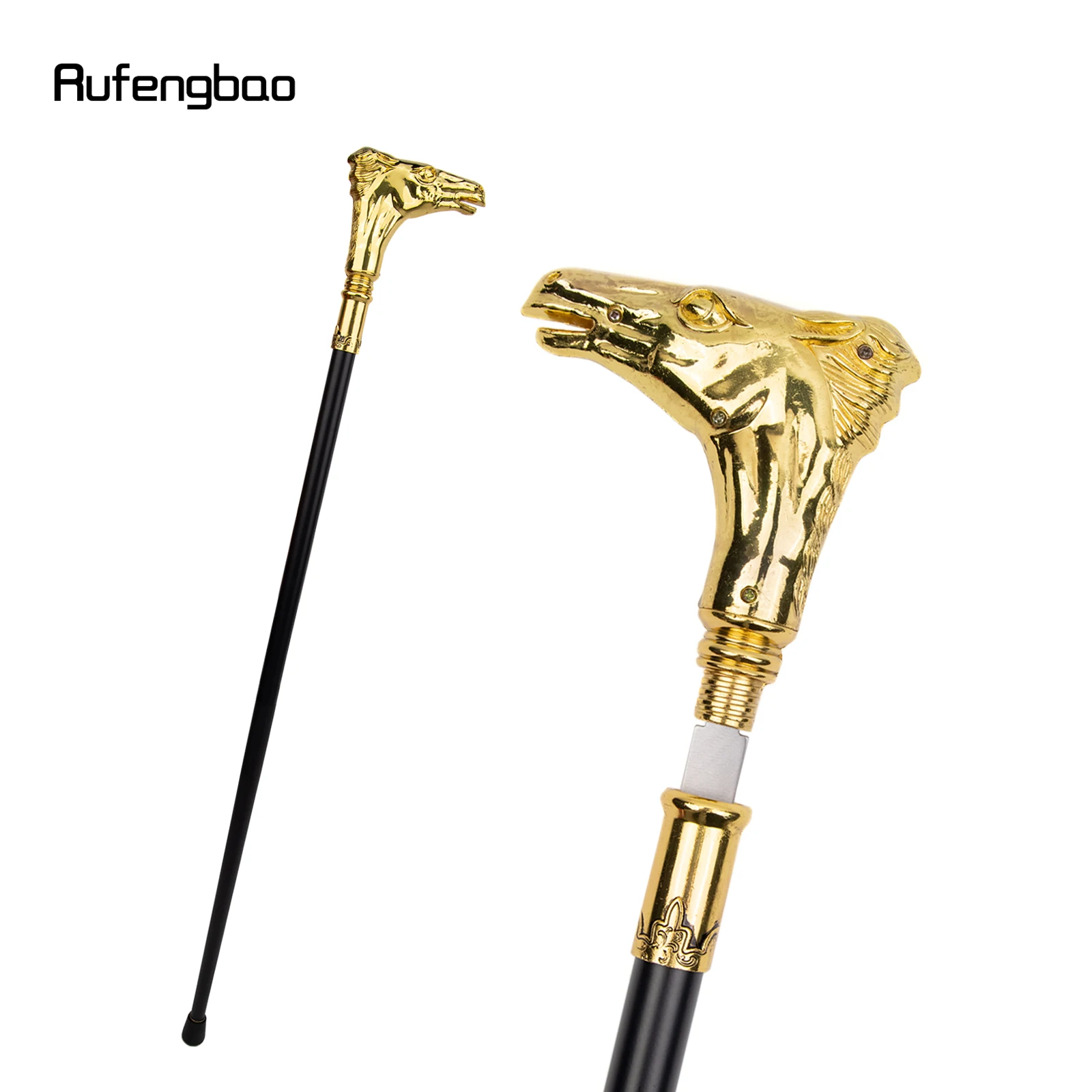 Golden Horse Handle Single Joint Walking Stick with Hidden Plate Cane Plate Decorative Cospaly Party Halloween Crosier 93cm