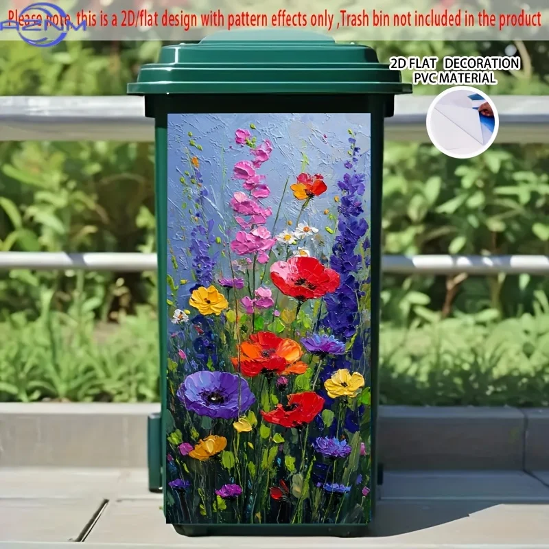 1pc of 2D Flat Oil Painting Self-Adhesive Stickers for Dustbins, Measuring 14.57 by  cm, Featuring Colorful Wildflowers in Bri