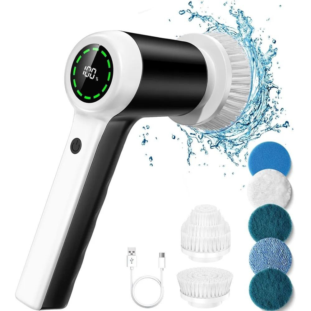 

Cordless Shower Scrubbers with Battery Level Display, 2 Speeds Scrubber for Cleaning with 7 Replaceable Heads, Cleaning Brush