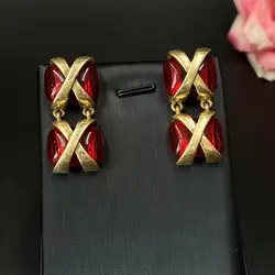 Antique Earrings Gold Plated Red Square Glass Earrings Jewelry