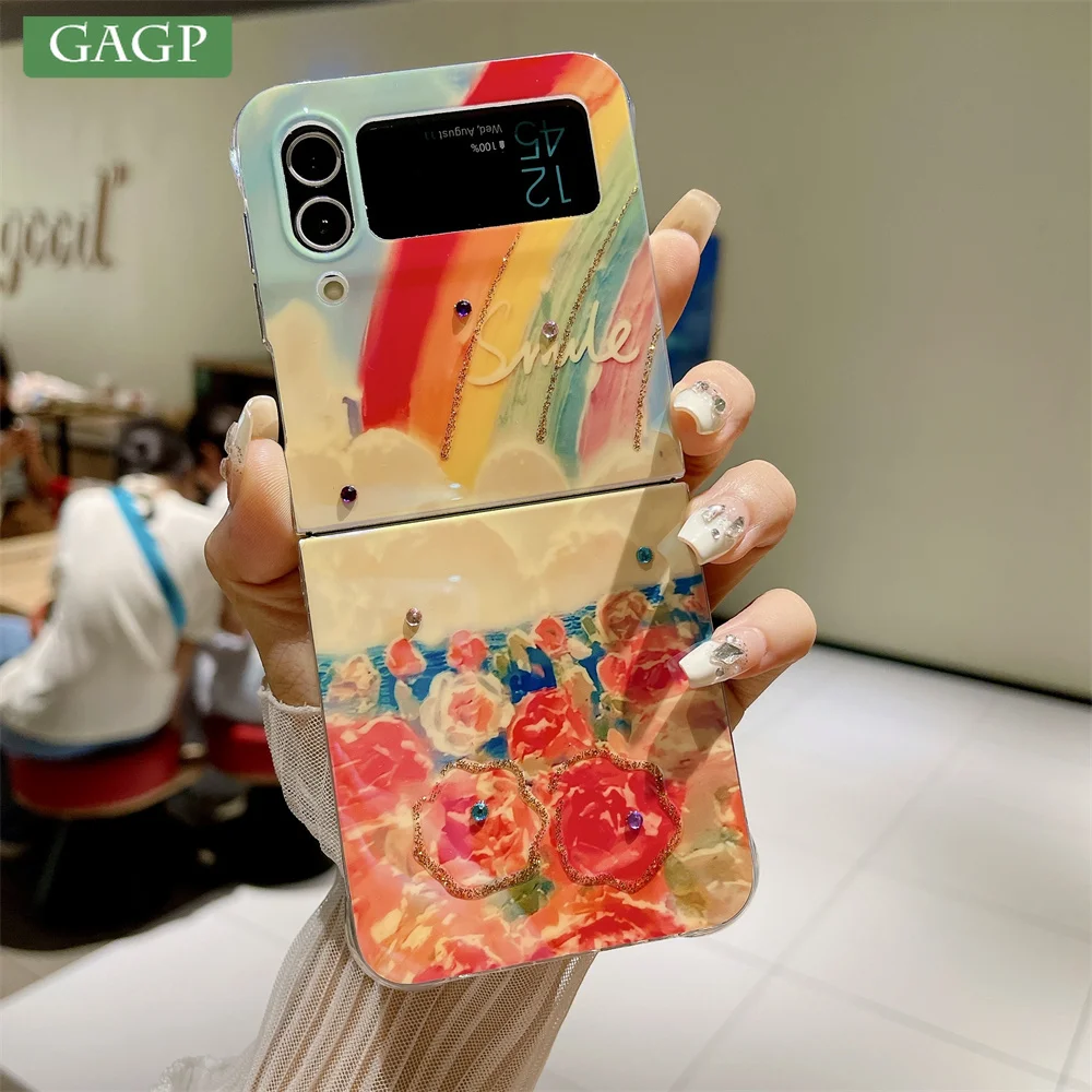 Colorful Diamond Rainbow Flower Phone Case For Samsung Galaxy Z Flip 5 Flip 4 3 Glitter Ins Airbag Soft Shockproof Thin Cover