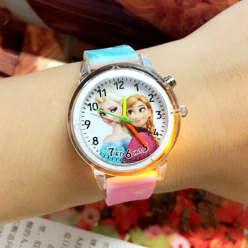 Disney Cartoon Frozen Princess Elsa children watches Colorful Led Light Watch Girls Kids Gift  Wristwatch Sports silicone strap