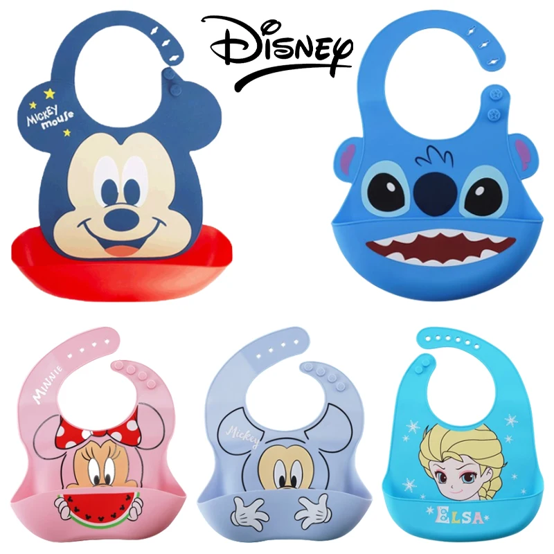 Disney Mickey Minnie Bibs Lunch Apron Toddler Silicone Bibs Cartoon Girl Boy Waterproof Saliva Solid Feeding Bib Kid Accessories