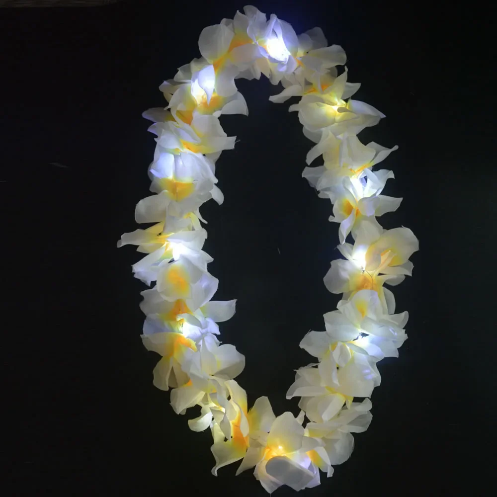 10pcs Kids Adult White Hawaiian Leis Tropical Glow Party Light Up Flower Necklace Headband with LED Lights Wedding Festival