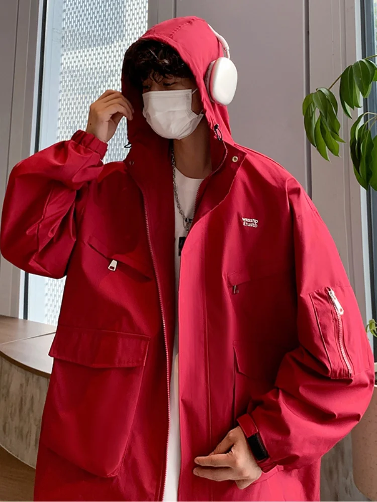 

Loose Men's Workwear Jaet Multi-ket Functional Sle Windproof Long Sve Zipper Closure Hooded Color Spor Jaet