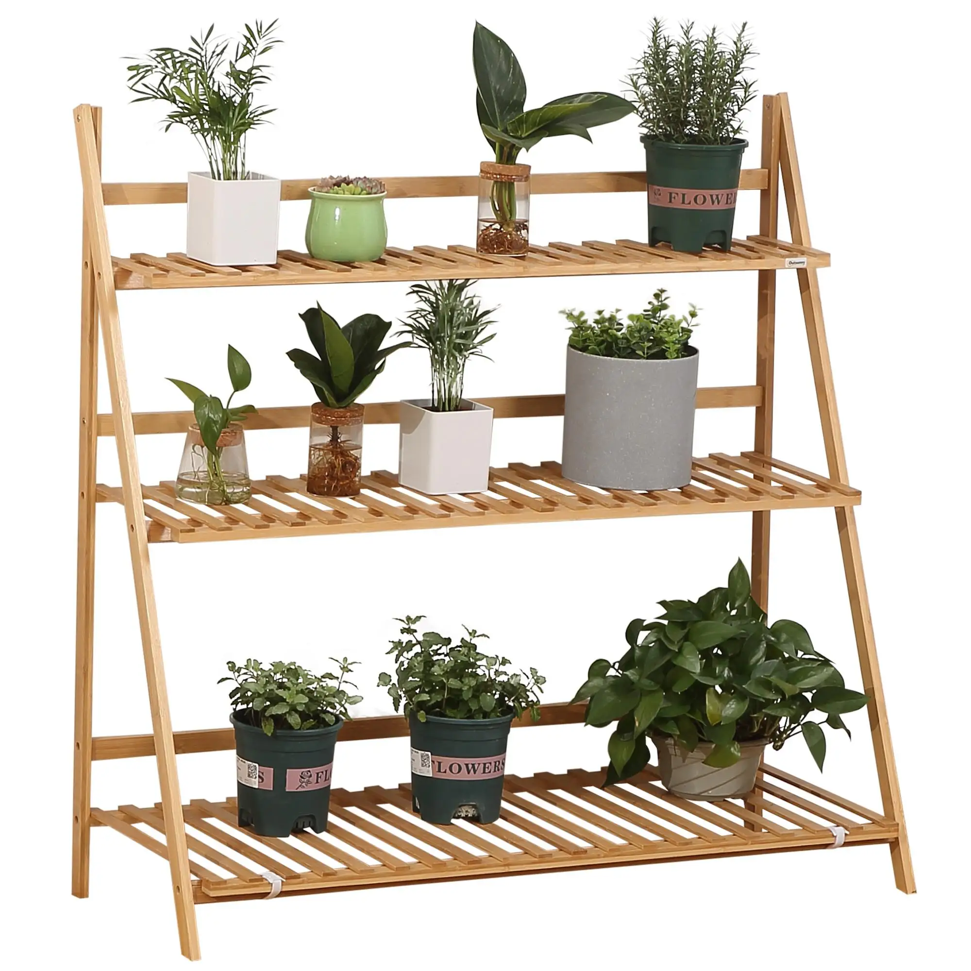 Support de plantes pliable à 3 niveaux en bambou 97x100x39cm pour jardin et balcon