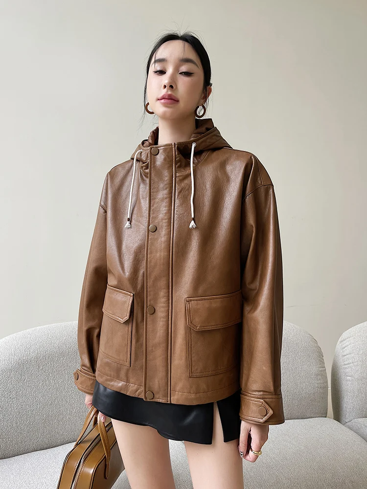 

Retro Hooded Genuine Leather Jackets for Women Spring Autumn 2026 New High-end Simple Loose Short Oil Wax Real Cow Leather Coat