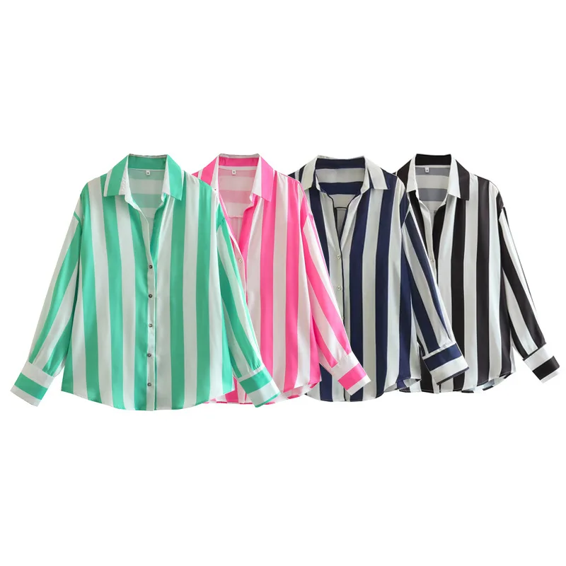 

New Striped Print European and American Shirt Fashionable Lapel Commuter Women's Shirt Loose Casual Versatile Long-sleeved Tops