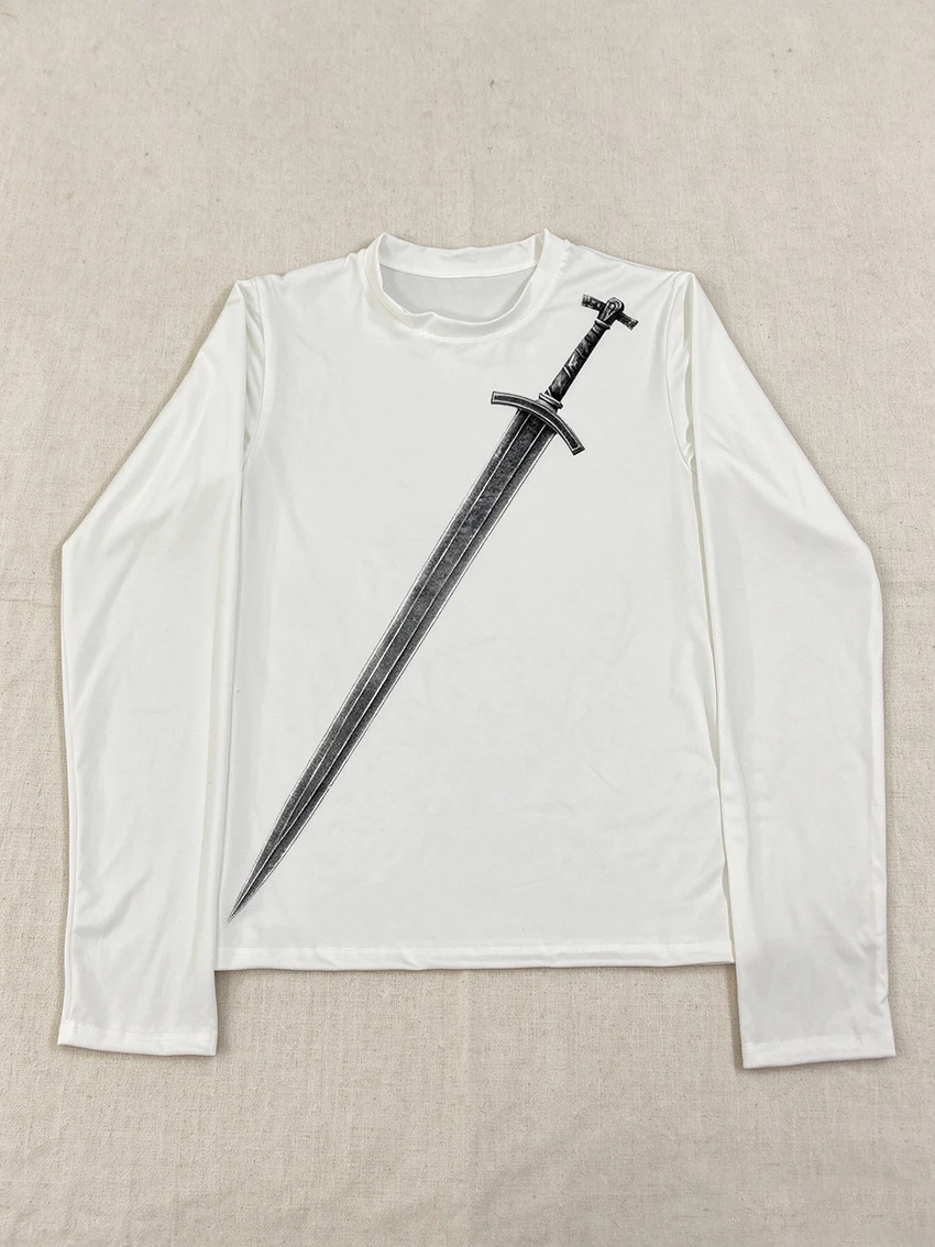 Women Y2K Aesthetics Trend Long Sleeve T Shirt Medieval Sword Graphic Print Crew Neck Loose Casual Classic Gothic Streetwear Top