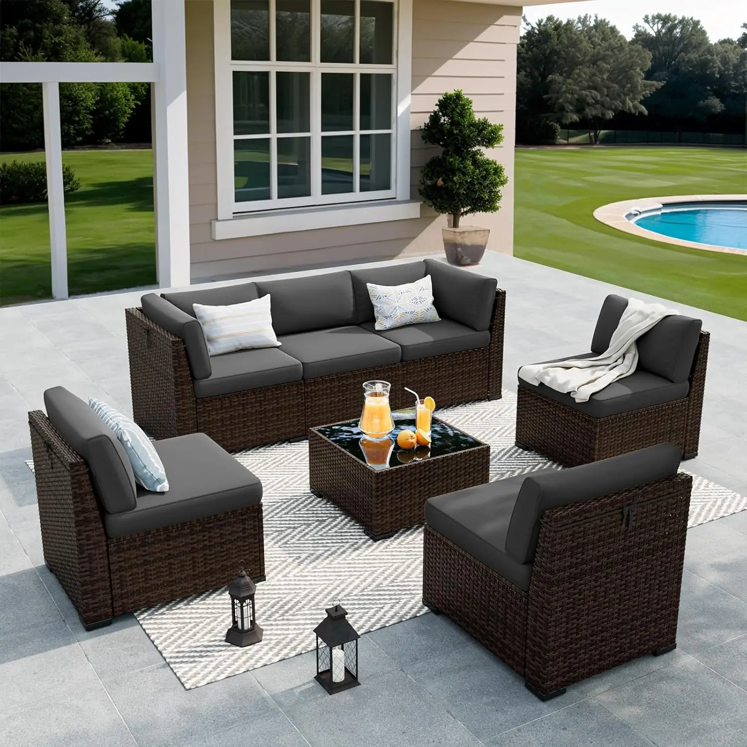 

Patio Furniture Set, Sectional Sofa Set with Waterproof Cover, PE Wicker Rattan Slanted Back Conversation Set with Cushions