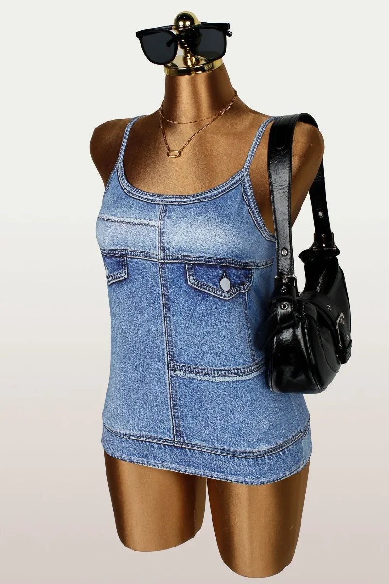 KEXU 2026 Autumn Women Faux Denim Cami Top, Personalized Sleeveless Tank T-Shirt New Arrival For Amazon Foreign Trade