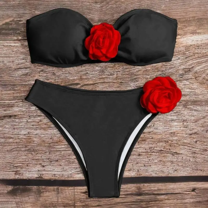 U2JB Women's 2 Piece Sets 3D Floral Appliques Strapless Sleeveless High Cut Bandeau Swimsuits