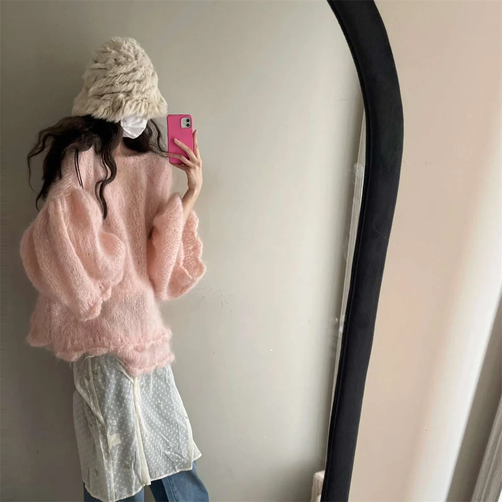 Eleganckie swetry damskie w stylu francuskim, różowe, vintage, dzianinowe, damskie, na jesień i zimę 2025, codzienne, słodkie swetry.