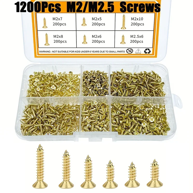 

1200Pcs Micro Brass Self Tapping Screw M2 M2.5 Flat Head Phillips Screws Small Hinge Woodworking Screws for Piano Box Hinges