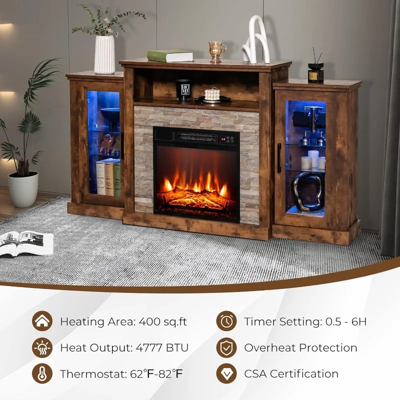 Electric Fireplace TV Stand for TVs Up to 65 Inches, 18-inch Fireplace Insert with APP Control, Remote Control, 16 Color Lights