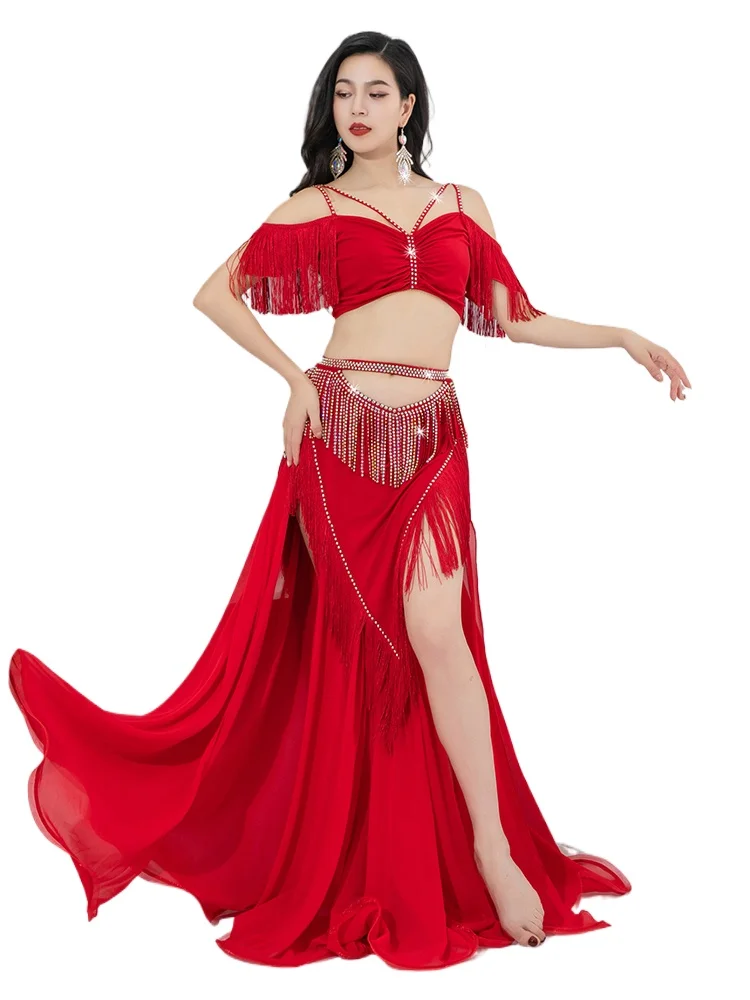 2024 Belly Dance Original Costume Practice Skirt Suit High Waist Tassel Group Belly Dance Performace Skirt Set ZM484