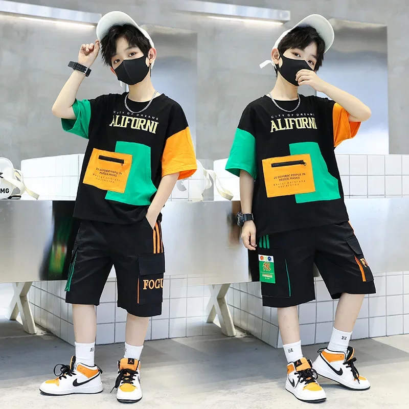 2024 summer Teenager Boys Clothes Casual Outfit Kids Tracksuit Child t shirt + shorts hot pant 4 5 6 7 8 9 10 12 11 13 14 Year