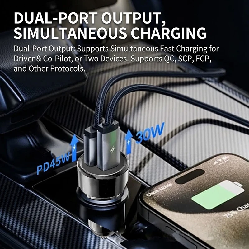 75W Dual Port Car Charger PD 45W USB C and 30W USB A Fast Charging Cigarette Lighter Adapter Smart Chip Auto Charger For iPhone view 5