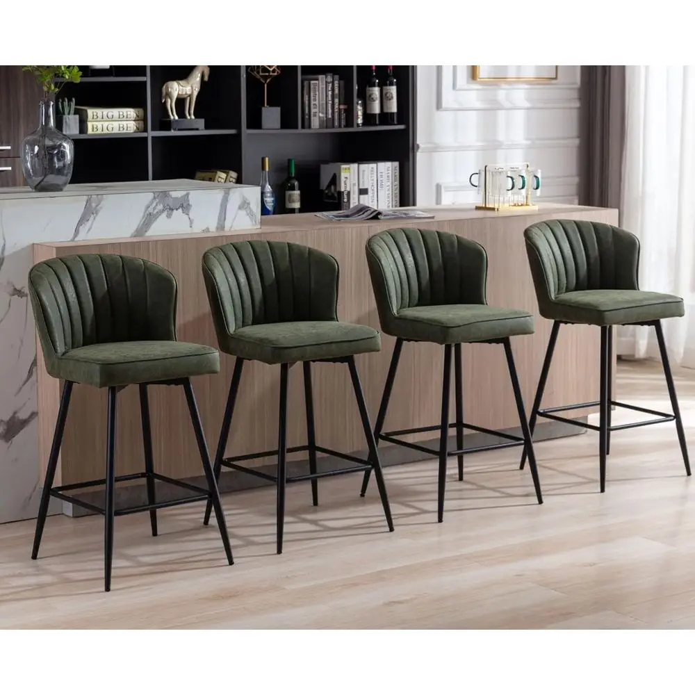 

Set of 4 Green Leather Counter Height Bar Stools with Metal Footrests for Comfortable Kitchen Island or Dining Room Use