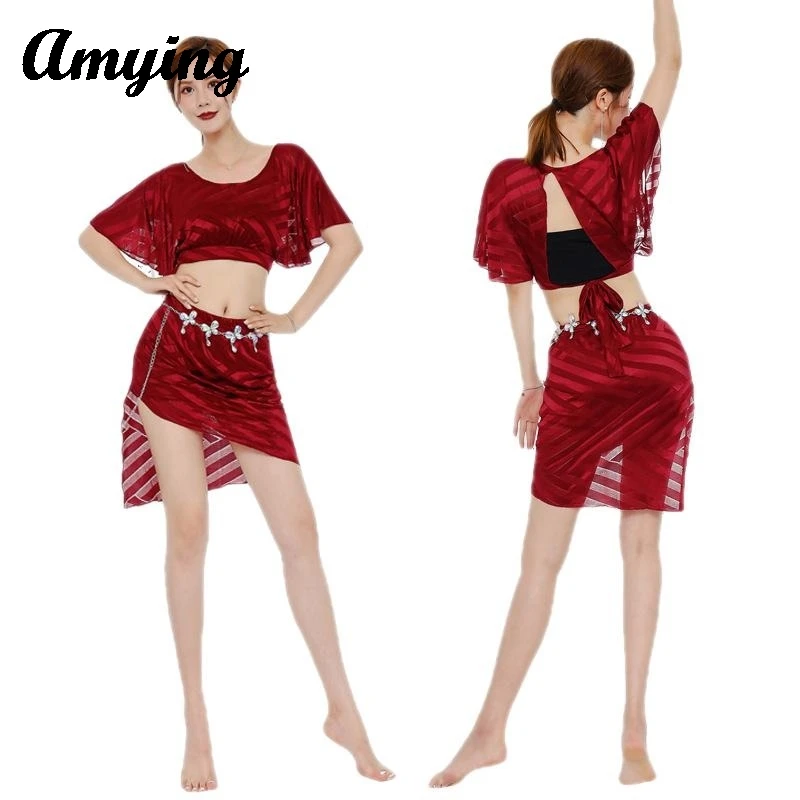 

2024 New 2PCS Belly Dance Costume Set For Women Sexy Mesh Tops+Skirt Ladies Oriental Dance Stage Performance Practice Clothing