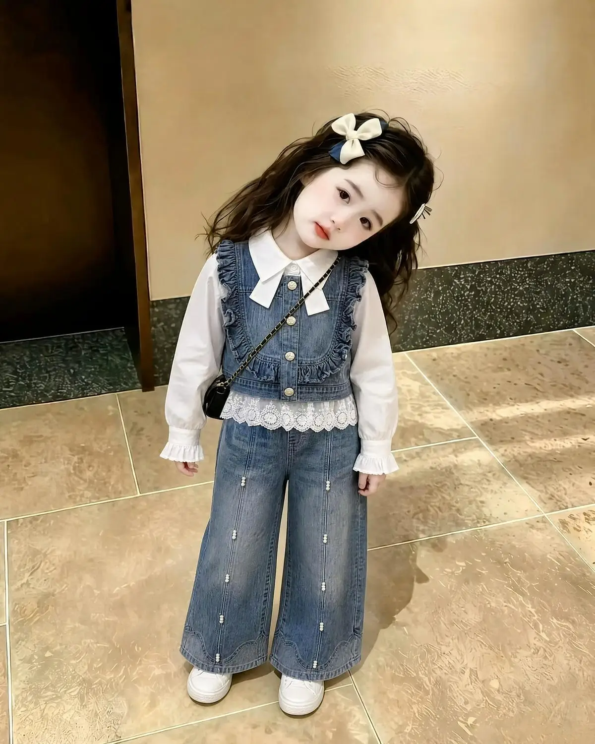 Spring Autumn Fashion Girls Sweet Kids Princess Elegance Lace Jean Vest Waistcoat+Tshirt+Pants Children Casual 3Pcs Suits