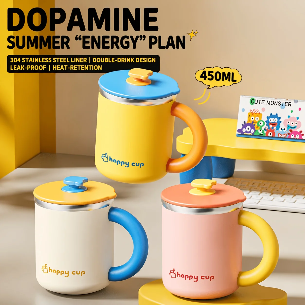 Stainless steel mug with lid, suitable for home use, tea, or office use, with a sliding lid.