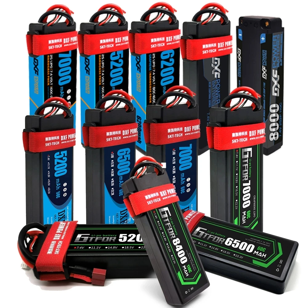 

DXF Battery 2S 3S 4S Lipo 7.4V 11.1V 14.8V 15.2V 5200mAh 6200mah 6500mAh 7000mAh 8000mAh 8400mAh 50C 60C 120C 100C for RC Car