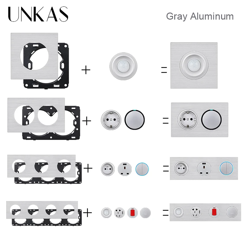 UNKAS DIY Free Combination Gray Aluminum EU French Socket 1 2 3 4 Gang Touch On / Off Doorbell Human Body Water Heater Universal