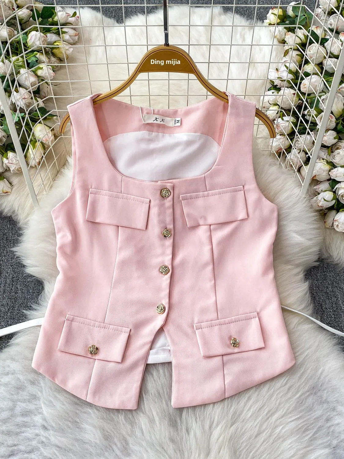 Elegant High Waist Mesh Vest And Short Skirt Set with Metal Buckle Square Collar Slimming Top Women's Fashion Summer Outfit