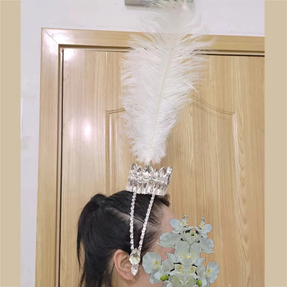 CUIER Top Luxurious White Feather Glass Strass Tiaras Headpiece for Women Crown Drag Queen Huge Size Jewelry For Stage