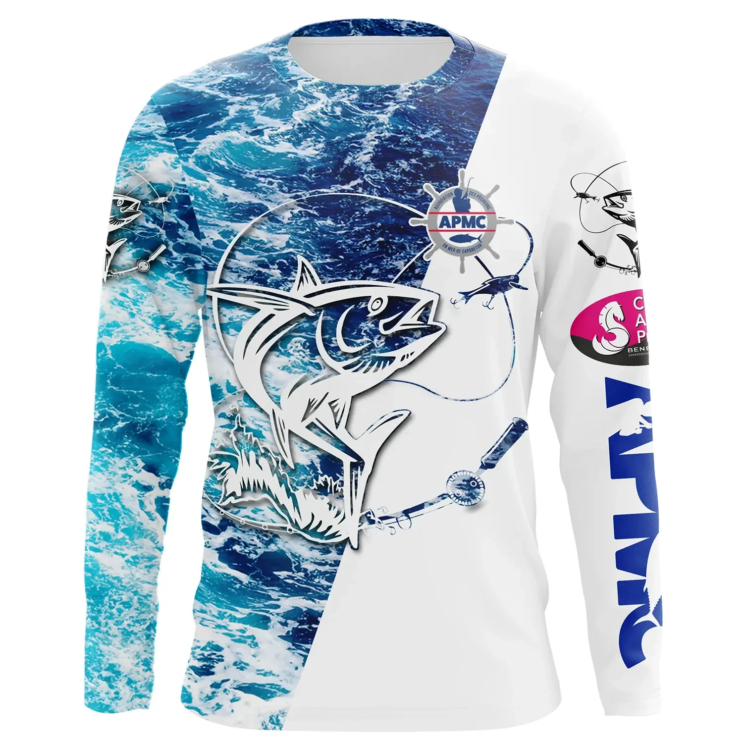 Blue White Wave Tuna Full Print Crew Neck Long Sleeve Tee, Unique Color Block for Daily Wear, Beach Walks & Casual Fishing