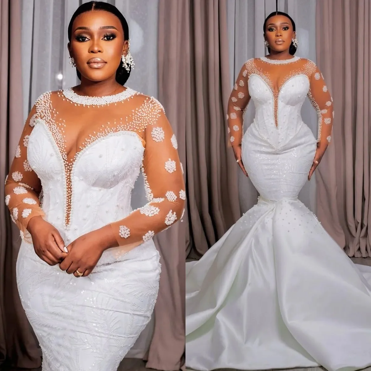 Maßgeschneiderte Elfenbein Meerjungfrau Braut Brautkleider Abnehmbare Schleppe Illusion Kristalle Perlen Spitze Perlen Spitze Perlen Brautkleid