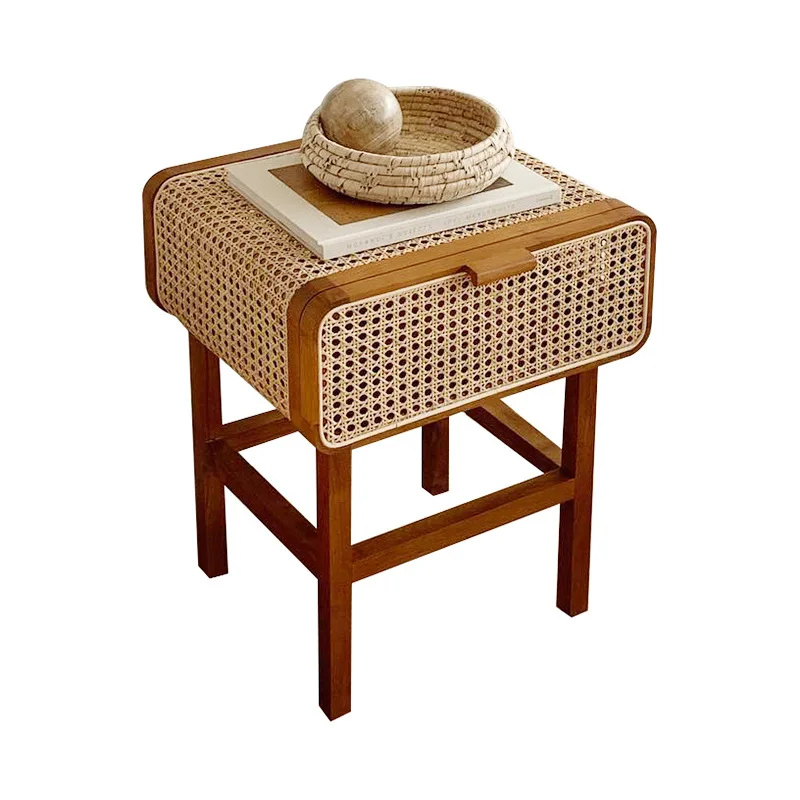 ins style solid ash wood real rattan modern nightstand beside table for bedroom