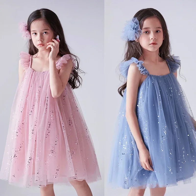 3-8 Year Old Girls Clothes New Sleeveless Mesh Sequin Fluffy Girl Princess Dress Birthday Party Gradient Pink Star Evening Dress