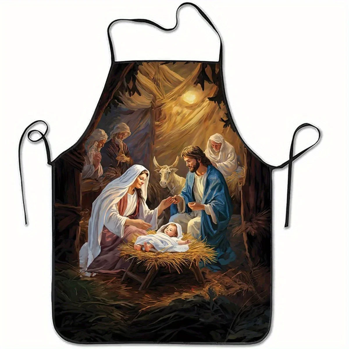 1pc Elegant Christmas Nativity Scene Apron with Baby Jesus Mary, Joseph Shepherds Durable Kitchen Party Apron for Men Women