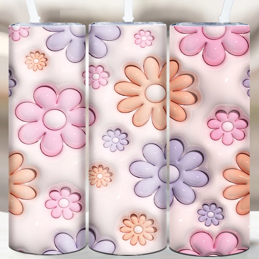 20oz 3D Print Cute Daisy Tumbler Straw Lid Stainless Steel Hot Cold Insulated Bottle Christmas Family Birthday Gift For Her