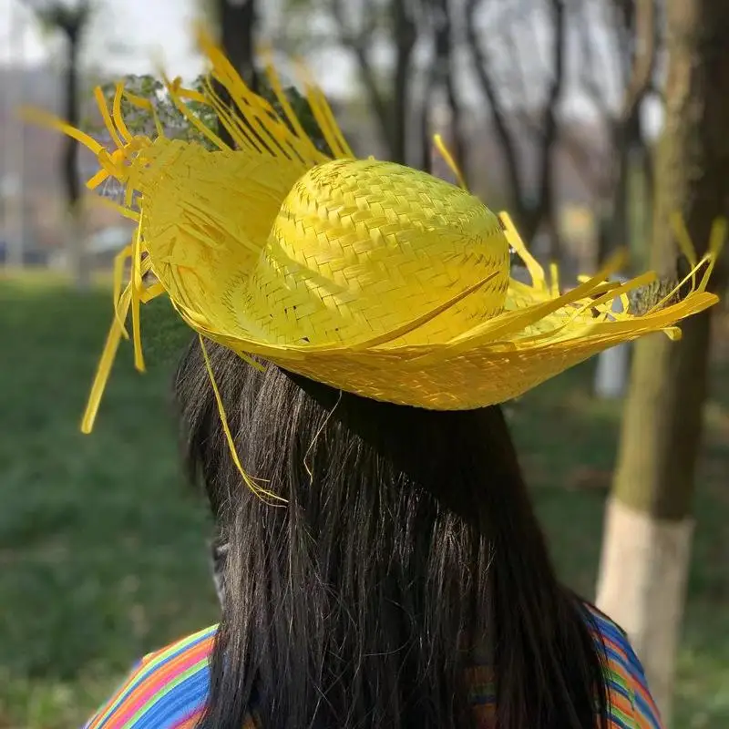 Trendy Beach Sunscreen Hat Unisex Frayed Brim Woven Straw Sun Hat Outdoor Travel Pool Party Colorful Straw Hats