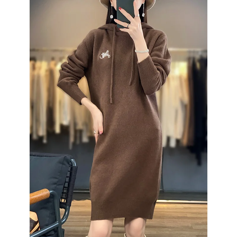 Fall/Winter Cashmere Hooded Bottoming Sweater Skirt Female Hooded Loose Long Knitted Wool Dress Thick