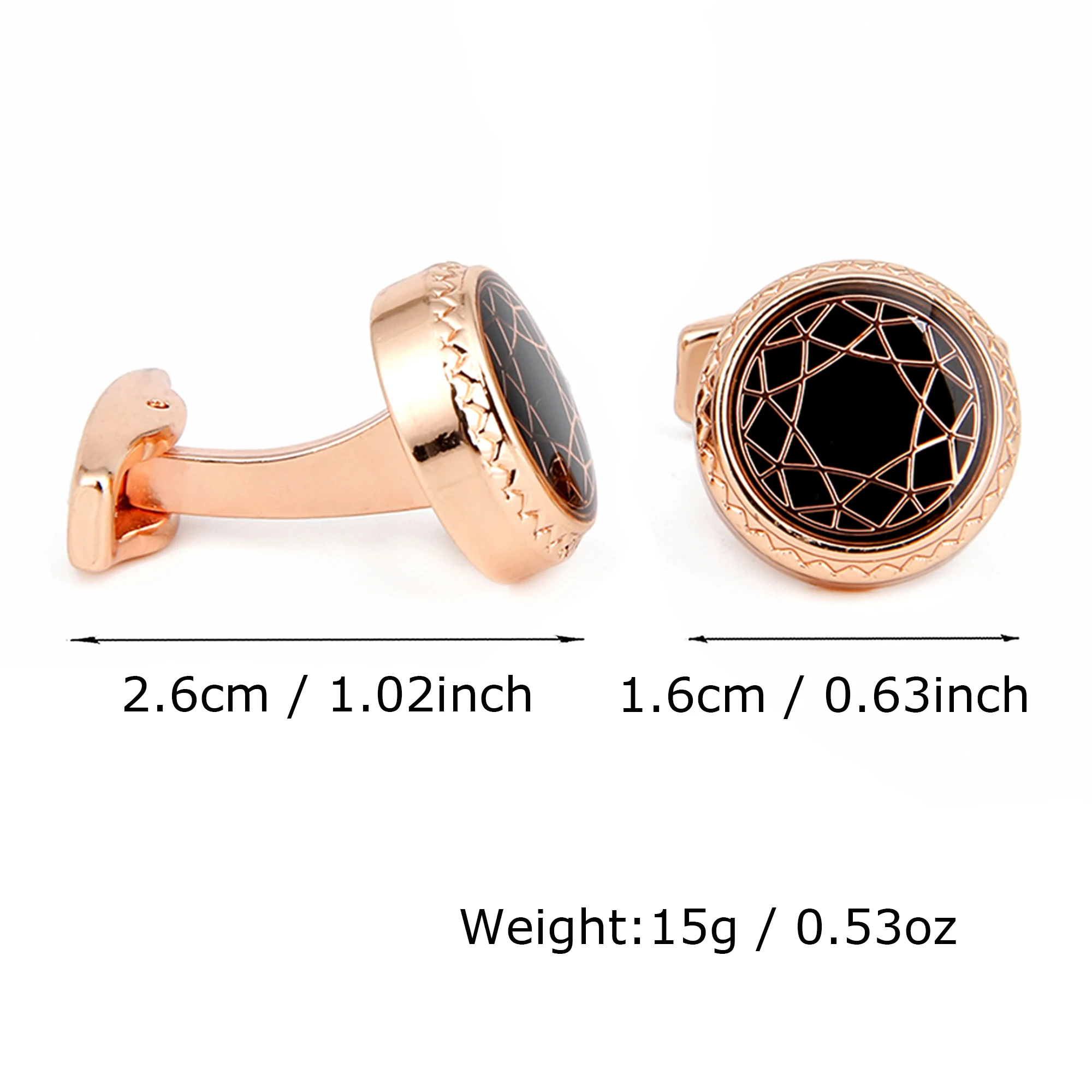 TOMYE Men's Classic Round Rose Gold Cufflinks with Gift Box, Customizable Zinc Alloy Black Geometric Enamel Cuff Links Jewelry